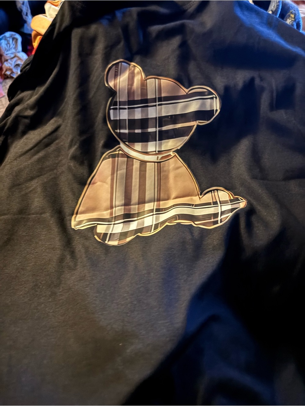 Black size mediumTee with Plaid Bear Graphic very good quality and adorable deca